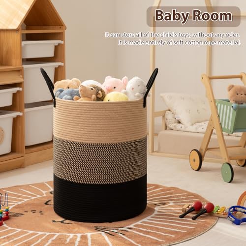 OIAHOMY Large Laundry Basket Hamper - 100L Cotton Rope Woven Basket for Blankets, Toys, Clothes - Tall Decorative Nursery Hamper with Long Handles, Yellow/Black - color: Yellow/Black, size: 100L