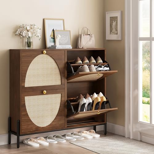 IRONCK Rattan Shoe Cabinet Storage with 4 Flip Drawers, Freestanding Shoe Storage Organizer Cabinet for Entryway, Narrow Shoe Rack Cabinet, Walnut - color: Walnut