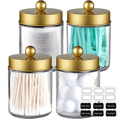 Amolliar 4 Pack Apothecary Jars Bathroom Vanity Storage Organizer Set -Countertop Canister with Stainless Steel Lids &Cute Stickers - Qtip Dispenser Holder for Qtips,Cotton Swabs,Makeup Sponges(Gold) - color: Gold