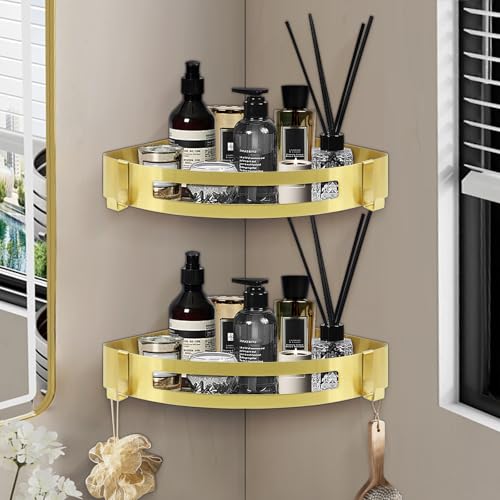 NearMoon Bathroom Corner Shelf Shower Caddy 2 Pack, No Drill 304 Stainless Steel Shower Organizer with 2 Hooks (Gold) - color: Gold
