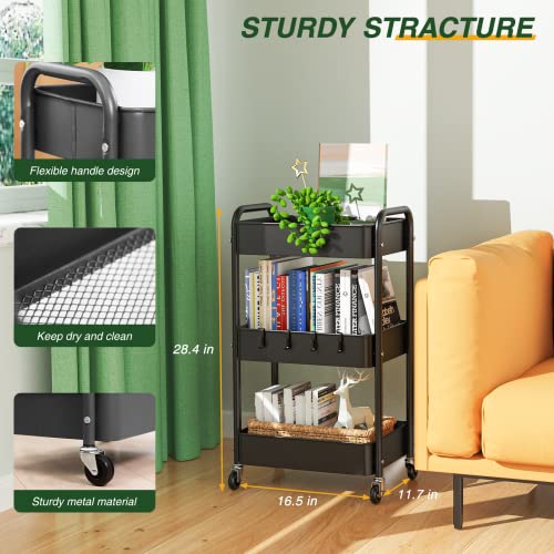 LEHOM 3 Tier Rolling Storage Cart, Metal Trolley Utility Cart with Wheels & Hooks, Easy Assembly Organizer Storage Cart for Bathroom Kitchen Office Bedroom - color: Black