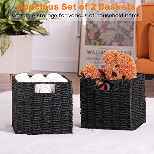 Vagusicc Wicker Basket, Set of 2 Woven Storage Baskets for Shelves, Foldable Cube Storage Basket Bins with Handles, 9 inch Small Storage Baskets for Organizing Pantry Bedroom, Black - color: Black, size: 9'' x 9'' x 9''