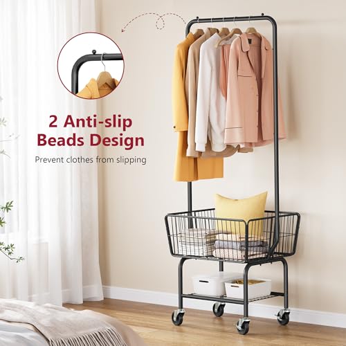 Tajsoon Laundry Cart with Hanging Rack, Metal Laundry Basket with Wheels, Laundry Hamper with Storage Basket and Shelf, Rolling Laundry Cart with Wheels, Black - color: Black