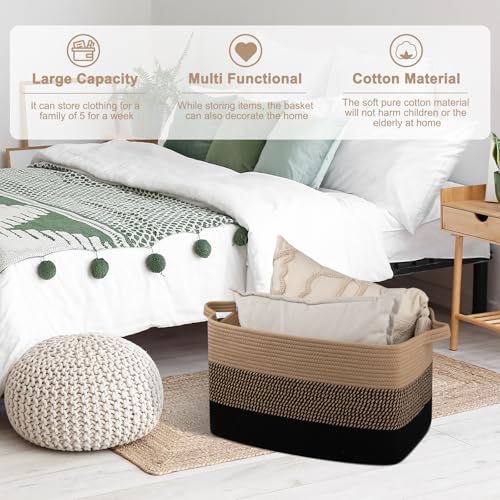 OIAHOMY Large Blanket Basket, 65L Cotton Rope Woven Laundry Basket, Toy Bin for Baby Room, Container for Blanket Storage in Living Room, 20''×16''×12'', Brown & Black - color: Brown & Black, size: 65L