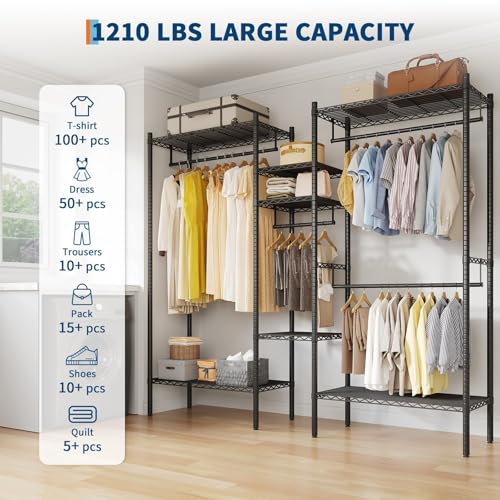 GarveeHome Heavy Duty Metal Clothes Rack – Adjustable Shelves, Freestanding Portable Wardrobe Organizer, Commercial Closet System for Garment Storage, Max Load 1210 LBS, Black – 86.2 x 17.3 x 76.4