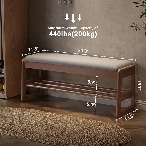 AQIMUELE Shoe Rack Bench,2 Tiers Shoe Bench with Storage with Flip-Top,Wood Shoe Rack for Entryway,Hallway(Walnut Upholstered Seat,11.8" D x 39.3" W x 15.7" H - color: Walnut Upholstered Seat, size: 11.8"D x 39.3"W x 15.7"H