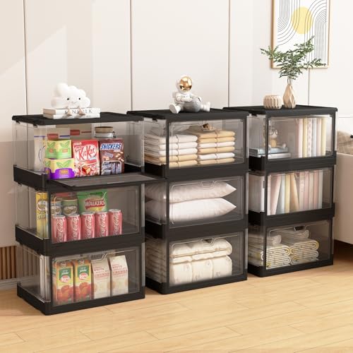 HYBRIDEAS 3-Pack Clear Stackable Storage Bins with Lids Magnetic Doors Open Front Foldable Folding Plastic Craft Containers Large Closet Organizers Box for Bedrooms Living Rooms Study 24 QT - color: Black