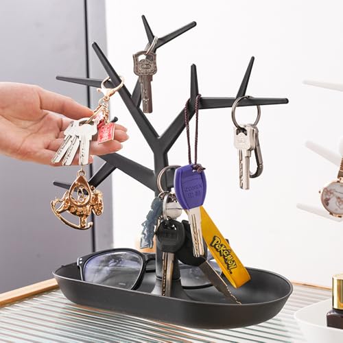 OULIGET Tabletop Key Holder Stand Tree Key Rack,Stand Jewelry Display Necklace Ring Earring Holder Rack,Jewelry Organizer Tray Home Decor for Home Entryway - color: Black