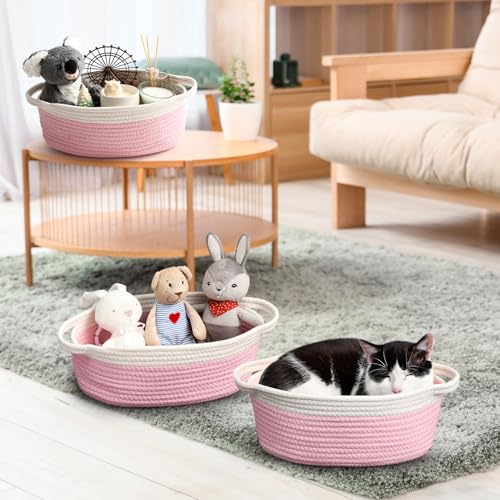 2 Pack Small Woven Basket with Gift Bags and Ribbons, Empty Decorative Gift Chest Box, Cute Baby Gift Basket for Nursery, Cotton Rope Room Shelf Storage Basket with Handles, All 12"x 8"x 5", Pink - color: Pink