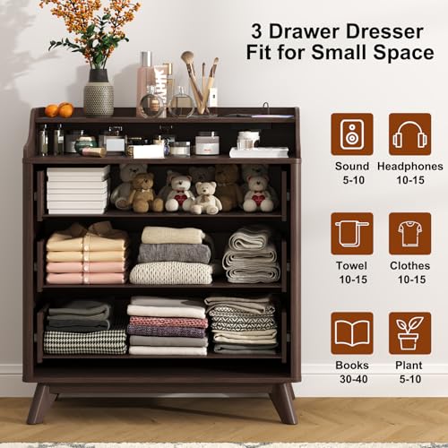3 Drawer Dressers for Bedroom, 32" Large Wood Dresser w/Charging Station, Open Shelf Top, Pre-Installed Slides, Wide Modern Dressers with 3 Drawer Storage Organizer for Bedroom Living Room, Brown - color: Brown, size: 16"D x 32"W x 35"H (3 Drawers)