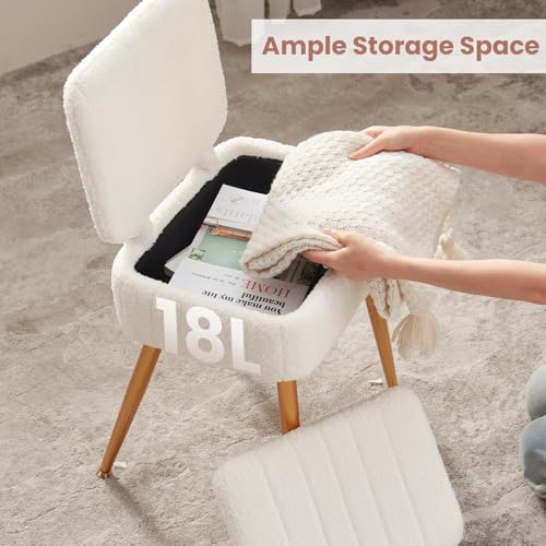 Updated Vanity Chair, Storage Ottoman with Folding Back & Gold-Toned Metal Legs, Ottoman Seat with Teddy Velvet for Dressing Room Living Room Bedroom, 16" x 12.5" Inch - color: White, size: 16" x 12.5"