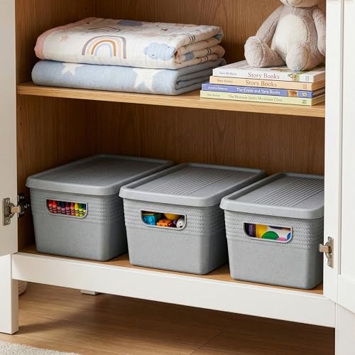 BINO | Plastic Storage Bins with Lids, 5 Liter - 3 Pack, Natural Grey | THE BRAIDED COLLECTION | Plastic Bins for Organization Woven Storage Baskets for Organizing Pantry Shelf Organizer Basket Bin - color: Natural Grey, size: 5L | 3-Pack