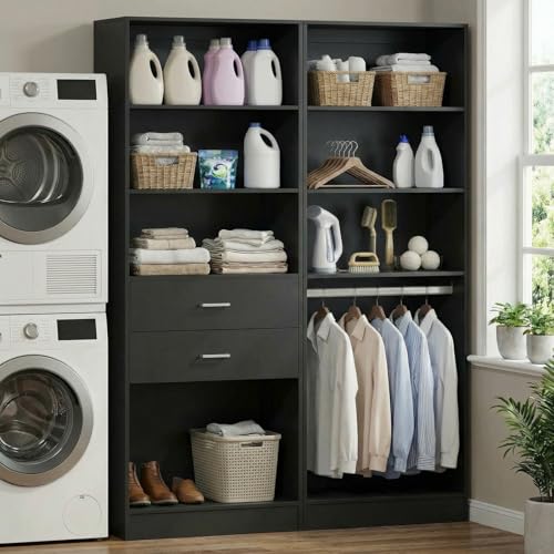 VOWNER 50'' Freestanding Closet System with Drawers & Adjustable Shelves & Rod, Wood Walk in Closet Organizer System, Shelving Unit, Garment Rack, Armoire Wardrobe Closet Bedroom Entryway, Black, BC - color: Black
