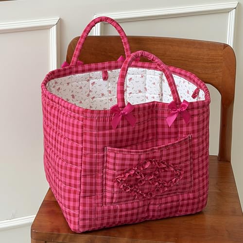 Floral Fabric Storage Basket Car Interior Storage Basket Underwear Sundries Laundry Baskets Supplies Home Organizer Bag (Rose red plaid) - color: Rose red plaid