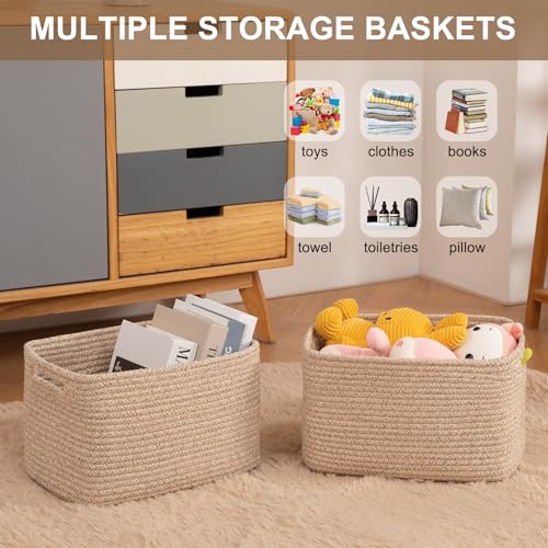 OIASKET Storage Baskets for Organizing, Woven Decorative Baskets for Shelves - Books, Towels, and Clothes, Cotton Rope Toy Storage Bins, 12.7''Lx9''Wx7.8''H, Pack of 4, Brown - color: Brown