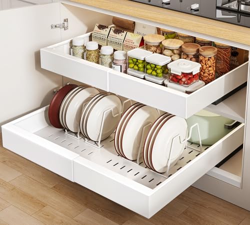 Seinloes 2 Pack Pull out Cabinet Organizer 21"Deep With Raising Pad for Framed Cabinets, Expandable Slide out Drawers for Kitchen Cabinets with 4pcs Divider Racks, Roll out Shelves 12.1"-20.4" W White - color: White, size: 12.1"-20.4"W x 21"D(2Pack)