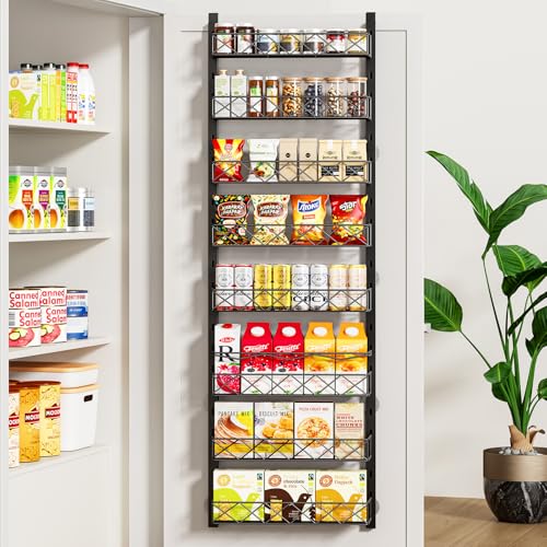 MIAOLI Over the Door Organizer, Black 8-Tier Pantry Door Organizer with Adjustable Basket, Hanging Spice Rack Cabinet Door Shelves, Laundry Room Organization and Storage - color: Black, size: 8-Tier