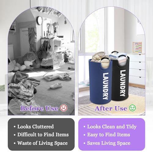 2Pcs 95L Collapsible Laundry Basket for Men, Tall Laundry Basket with Handles, Dirty Clothes Hamper in 600D Oxford Fabric, Freestanding Clothes Hampers for Bedroom, Dorm, Navy Blue + Black - color: Navy Blue + Black, size: L-95L