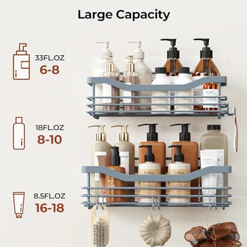 Orimade Shower Caddy Basket Shelf Storage Rack, No Drilling Wall Mounted Adhesive Rust Resistant Stainless Steel Shower Organizer with 5 Hooks for Bathroom, Light Blue Grey 2 Pack - color: Light Blue Grey, size: 4.56"D x 11.02"W x 3.11"H