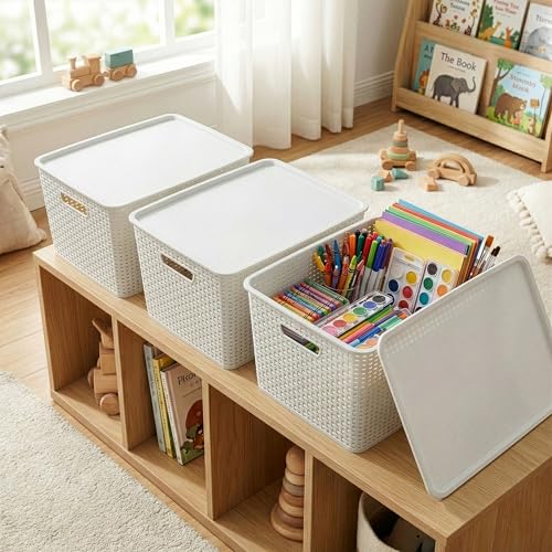 BINO | Plastic Storage Baskets with Lids, 45 Liter - 3 Pack, White | THE WOVEN COLLECTION | Storage Basket for Shelves | Woven Storage Baskets for Organizing Bins Pantry Shelf Organizer Container Bin - color: White, size: 45L | 2-Pack