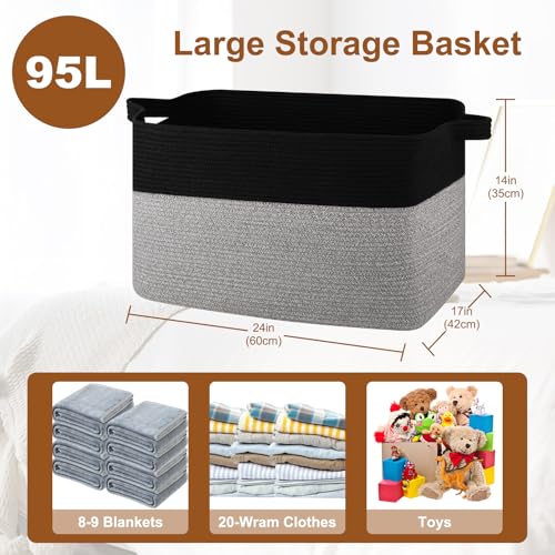 Extra Large Laundry Basket, 95L Blanket Basket for Living Room, Cotton Rope Toy Storage for Kids, Woven Storage for Clothes, Towels, Pillows, 24" x 17" x 14", Pink and White - color: Black & Grey, size: 24"x16.9"x14.2"
