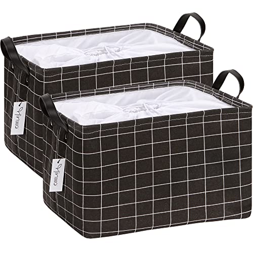 Hinwo 2-Pack Large Canvas Fabric Storage Basket with Handles, 33L/8.6-Gal Rectangle Bin, Collapsible Storage Box, Clothes, Toys, Blankets Organizer, 16.5 x 12 x 10 Inches (L, Black Grid) - color: Black Grid, size: L/16.5 x 12 x 10"/2-Pack