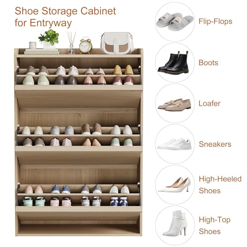 GarveeHome Shoe Cabinet with 3 Flip Drawers, Wooden Shoe Organizer Cabinet with Adjustable Shelf, Shoe Storage for Entryway, Hidden Shoe Cabinet for Hallway, Living Room, Natural Oak - color: Natural Oak, size: 3-Drawers