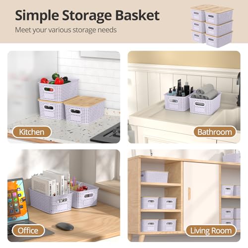 Plastic Storage Baskets with Bamboo Lids, Stackable Small Box Bins for Organizing and Containers for Shelves Drawers Desktop Closet Pantry Classroom Office Home, 6 Pack 10.2"x7.2"x4.1" Lavender - color: Lavender