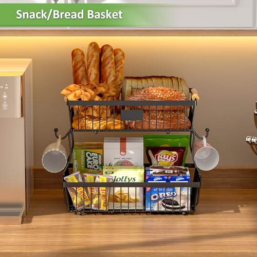 2 Tier Fruit Basket for Kitchen Counter with 2 Banana Hangers, Countertop Metal Bread Basket with Wooden Handle, Large Storage Stand for Vegetables, Snacks, Eggs, Produce Storage – Black - color: Black, size: 2 Tier