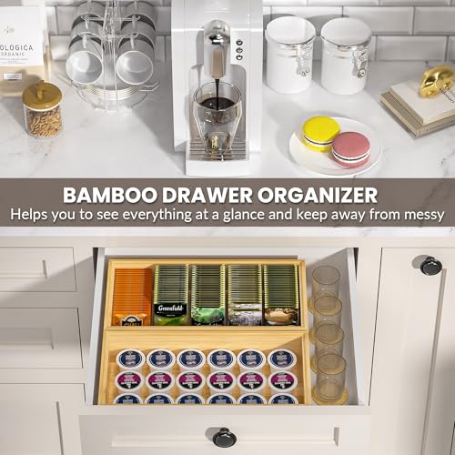 Kitchen Drawer Organizer Bins, Stackable Bamboo Drawer Organizer for Silverware, Flatware, Coffee Pod Organizer K Cup Holder for Countertop, 2 Pcs Coffee Station Organizer 12" x 6" x 2.5" - color: Bamboo, size: 12 x 6 x 2.5 Inch