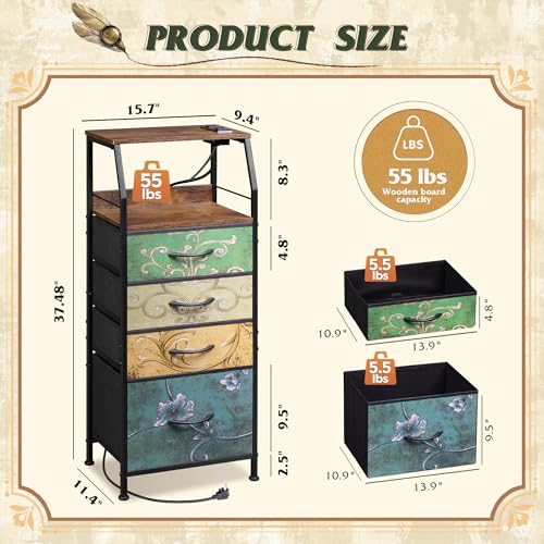 WLIVE 4 Drawer Dresser for Bedroom, 37" H Nightstand with Charging Station and Led Light, Tall Night Stand Bed Side Table, End Table with USB Ports and Outlets, Fabric Bins, Floral Painted - color: Floral Painted, size: 4 Drawers