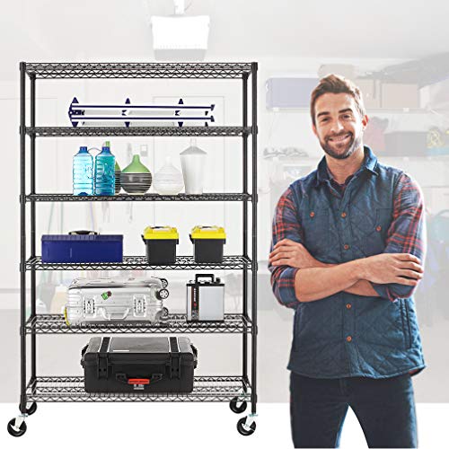 BestOffice | 6-Tier Wire Storage Shelves with Wheels | 18x48x78 | Black | Adjustable Racks | Heavy-Duty Metal Shelf, Holds Upto 600 lbs | No-Tool Assembly | Ideal for Home & Garage Shelving - color: Black, size: 18"D x 48"W x 77"H