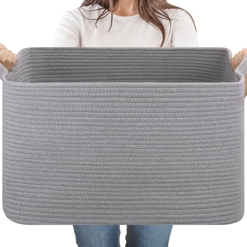 65L Cotton Rope Large Blanket Basket (19.7"x15.7"x11.8") for Living Room, Kids Room & Laundry, Storage Basket with Handle for Organizing Blankets, Pillows, Clothes & Toys, Light Grey - color: Light Grey, size: 19.7"x15.7"x11.8"
