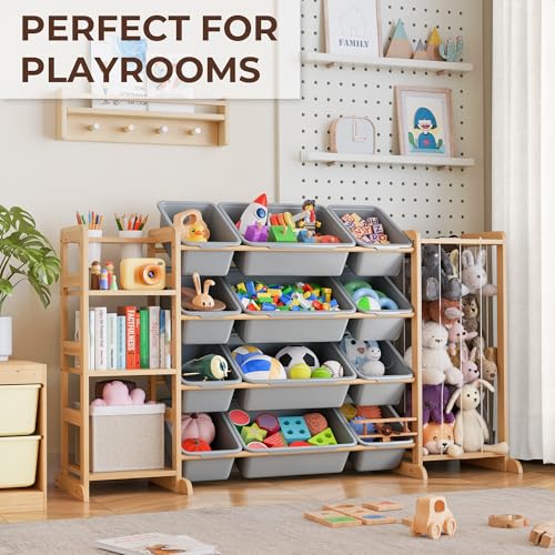 Toy Storage Organizer with Bookshelf and Stuffed Animal Storage - Kids Playroom Organization with Shelves and 12 Toy Bins - Toddler Living Room Toy Box for Lego - Nursery Bedroom Decor Essentials - color: Grey, size: 55.2"W,3 Shelves,12 Bins