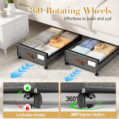 Yecaye Under Bed Storage with Wheels, 2 Pack Under the Bed Storage Containers with Lids & Label, XXL 60L Rolling Underbed Storage Drawers for Clothes, Blankets, Shoes, Hemp Gray - color: Hemp Gray, size: 2 Pack