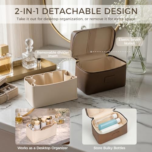 Makeup Bag Vanity Case for Women – Portable Cosmetic Bag Makeup Bag Organizer Travel Toiletry Bag with Removable Divider - color: Khaki