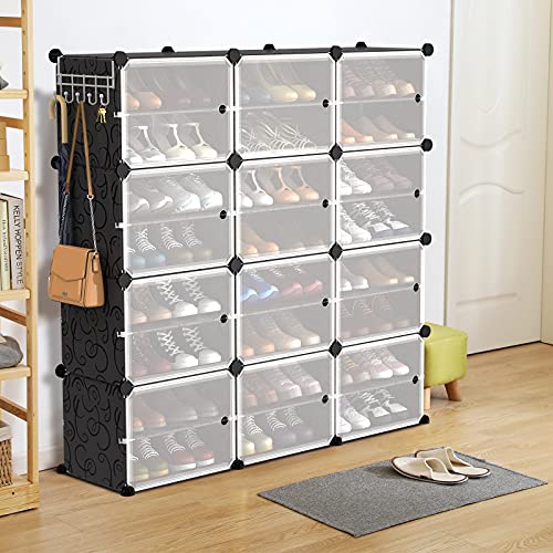 VTRIN Portable Shoe Organizer 48 Pair Tower 4 Tiers Rack for Entryway Shelf Storage Cabinet Stand for Heels Boots Slippers Cabinet Narrow Standing Stackable Space Saver Shoe Rack Black - color: Black+translucent Door