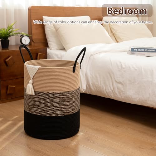 OIAHOMY Large Laundry Basket Hamper - 100L Cotton Rope Woven Basket for Blankets, Toys, Clothes - Tall Decorative Nursery Hamper with Long Handles, Yellow/Black - color: Yellow/Black, size: 100L