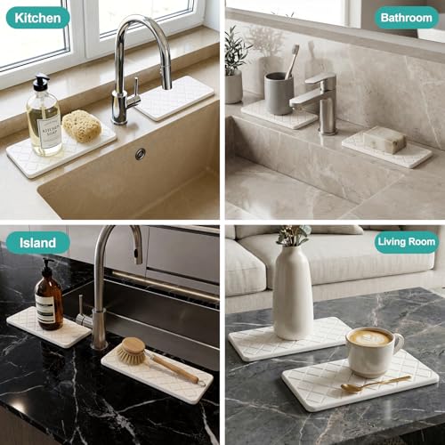 Small Fast Quick Dry Bathroom Counter Tray Water Absorbing Stone Trays for Sink Soap Dish Dispenser Sponge Holder Diatomite Stone Drying Mat for Kitchen Sink Tray White Bathroom Vanity Organizer Decor - color: White Quilted