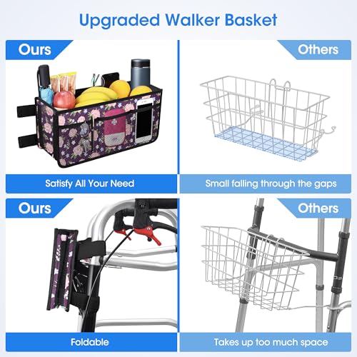 Dotday Upgraded Walker Basket with Cup Holder, Foldable Walker Bag with Large Capacity & Never Tipping Over- Not Fit for Rollator - color: Purple