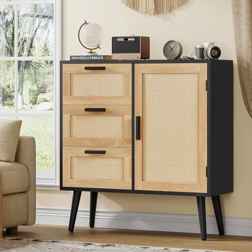 Iwell Storage Cabinet with Rattan Door & 3 Drawers, Rattan Cabinet with Adjustable Shelf, Sideboard Buffet Cabinets with Storage, Entryway Cabinets, for Living Room, Dining Room, Entryway, Black - color: Natural + Black, 3 Drawers
