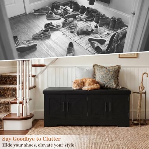 Farmhouse Shoe Storage Bench with Cushion - 43.3" Entryway Bench with Storage & 4 Barn Doors, 2-Tier Wooden Shoe Rack Bench, Hidden Shoe Cabinet & Mudroom Bench for Bedroom Hallway Living Room, Black - color: Black