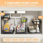 AceMining Under Sink Organizer 2 Pack, L-Shaped 2 Tier Pull Out Cabinet Organizer with Sliding Drawer, 5-Level Height Adjustable Metal Under Sink Storage for Kitchen, Bathroom Organization