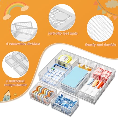 Marbrasse 3 Packs White Desk Drawer Organizers,Drawer Organizer Tray with 9 Adjustable Compartments,Junk Drawer for Makeup & Vanity, Office Desk Supplies and Accessories（White） - color: White