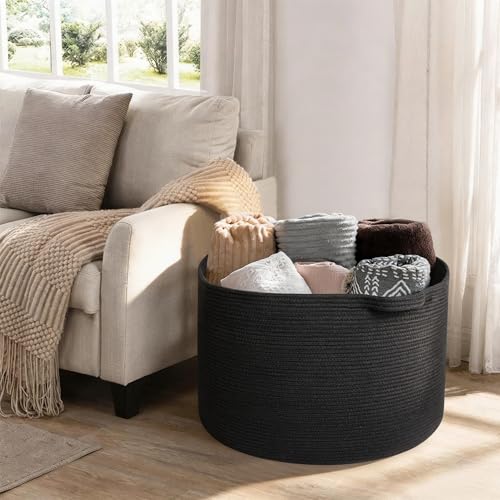 MEGASKET Large Black Blanket Basket, 22" X 22" X 14" Woven Rope Bin for Storage, Kids Dog Toy Storage Box Organizer Bins, Blanket Holder for Living Room, Decorative Wicker Basket for Organizing - color: Black, size: 22"x22"x14"