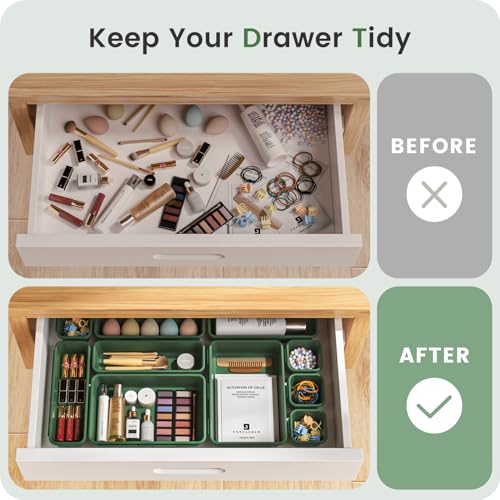 A-LuGei 【𝟮𝟴𝗣𝗖𝗦】 【𝟱𝗦𝗶𝘇𝗲】 ArmyGreen Drawer Organizer, Makeup organizer, 【Holds 177 Items】 Bathroom Organizers and Storage, Plastic Desk Organizer Divider, Organizer Bins for Office Vanity - color: Deep Green