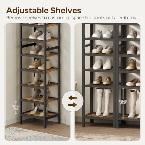 YATINEY 10-Tier Tall Shoe Rack, Vertical Shoe Organizer for Small Spaces, Wooden Shoe Shelf for Entryway, Space Saving Shoe Storage, Holds 10 Pairs of Shoes, Rustic Brown and Black SS50BR - color: Rustic Brown + Black, size: 11" x 11" x 72"