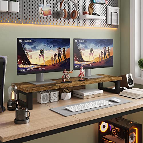 WESTREE Dual Monitor Stand Riser, Wood and Steel Monitor Stand Riser, Computer Monitor Stand for 2 Monitors, Multi-Purpose Desktop Storage Stand for Computer,Laptop,Printer,TV - color: Brown