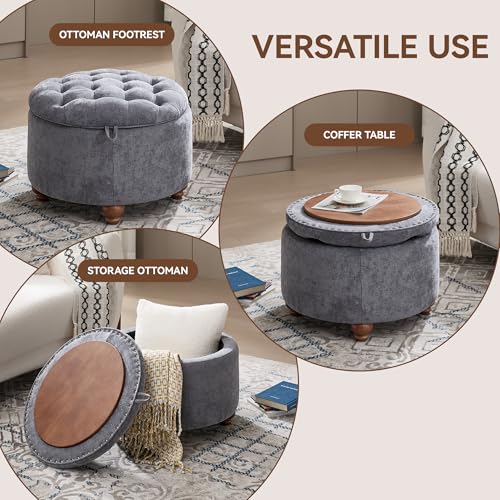 WUTUTUEE 24Inch Round Storage Ottoman with Tray, Modern Tufted Circle Coffee Table with Storage, Upholstered Ottoman with Removable Top for Living Room, Bedroom, Chenille Blue - color: Chenille Blue, size: 24 Inch