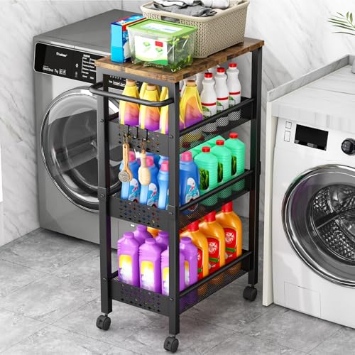 Vivihomety Utility Slim Storage Cart with Wheels, 4-Tier Narrow Rolling Organizer Shelf with Wood Top, Metal Storage Rack and Space-Saving Organizer for Bathroom, Kitchen, Laundry Room, Small Spaces - color: Black, size: 8.1 inch wide